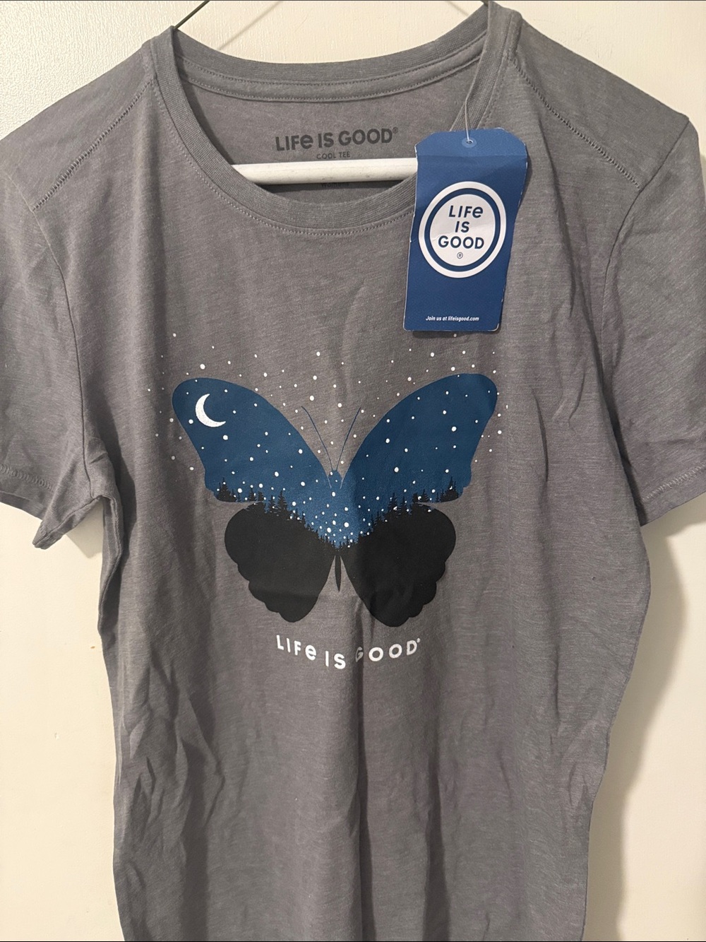 Life Is Good Gray Tee with Blue & Black Butterfly Graphic